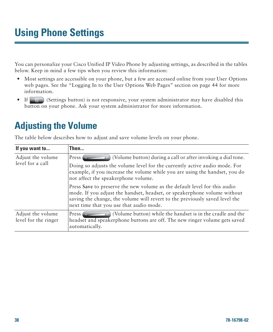 Using phone settings, Adjusting the volume | Cisco 7985G User Manual | Page 44 / 64