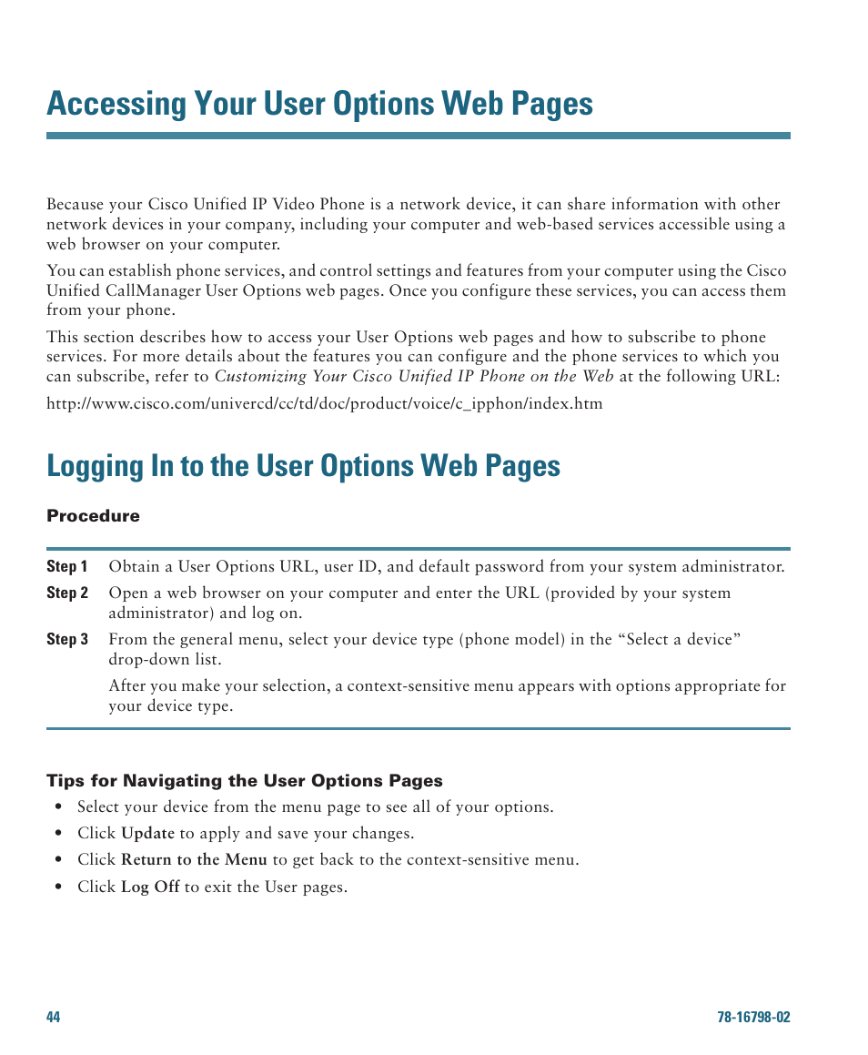 Accessing your user options web pages, Logging in to the user options web pages | Cisco 7985G User Manual | Page 50 / 64