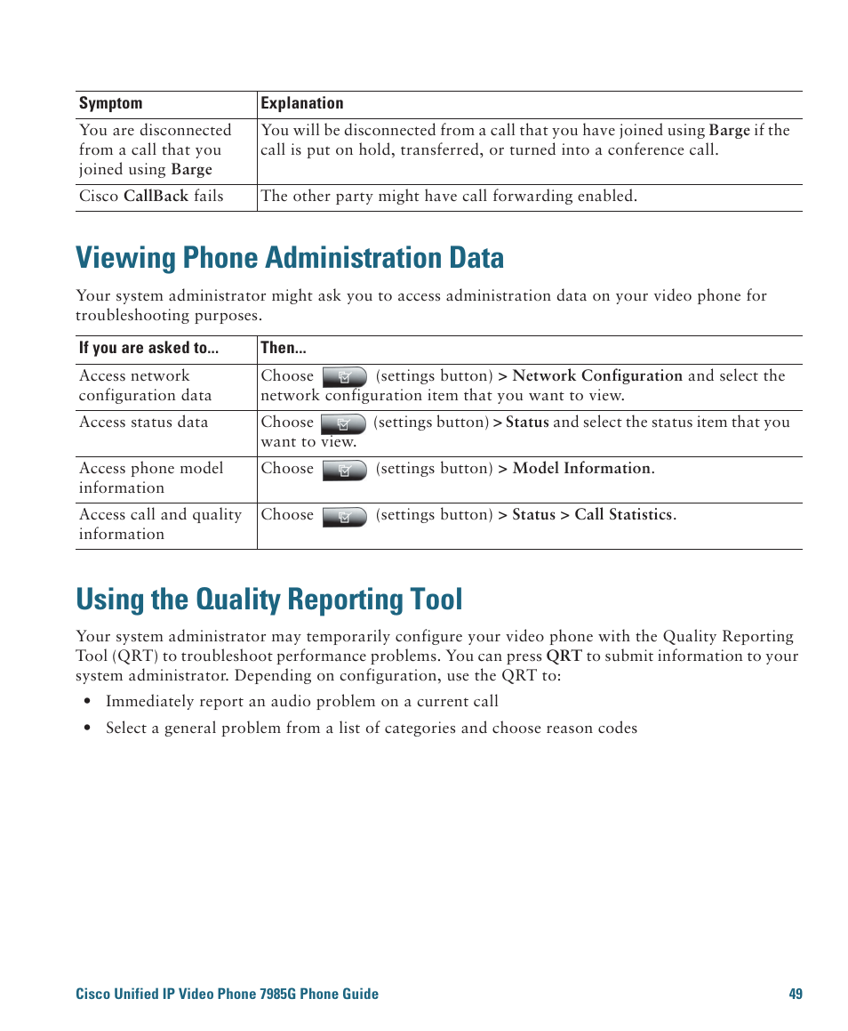 Viewing phone administration data, Using the quality reporting tool | Cisco 7985G User Manual | Page 55 / 64