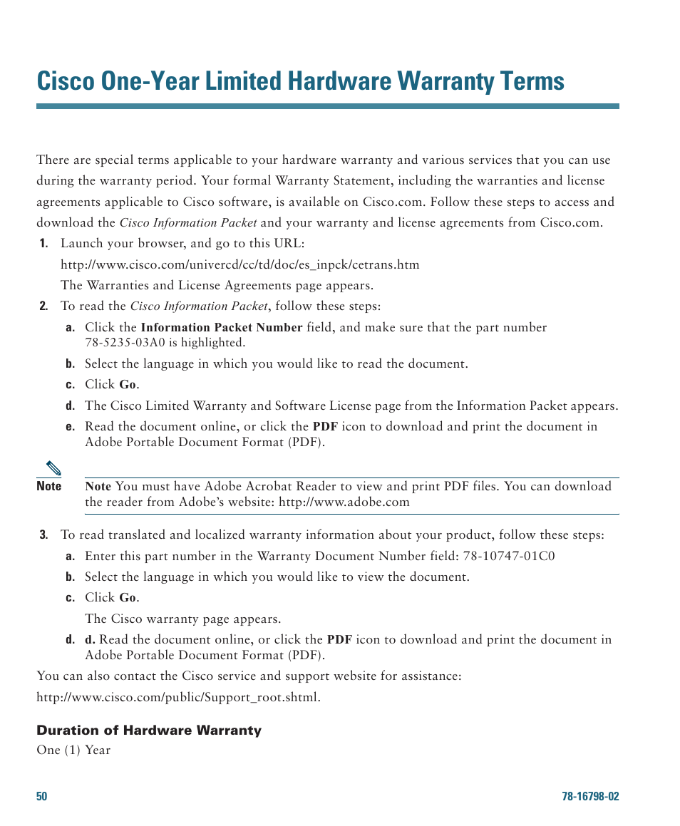 Cisco one-year limited hardware warranty terms | Cisco 7985G User Manual | Page 56 / 64