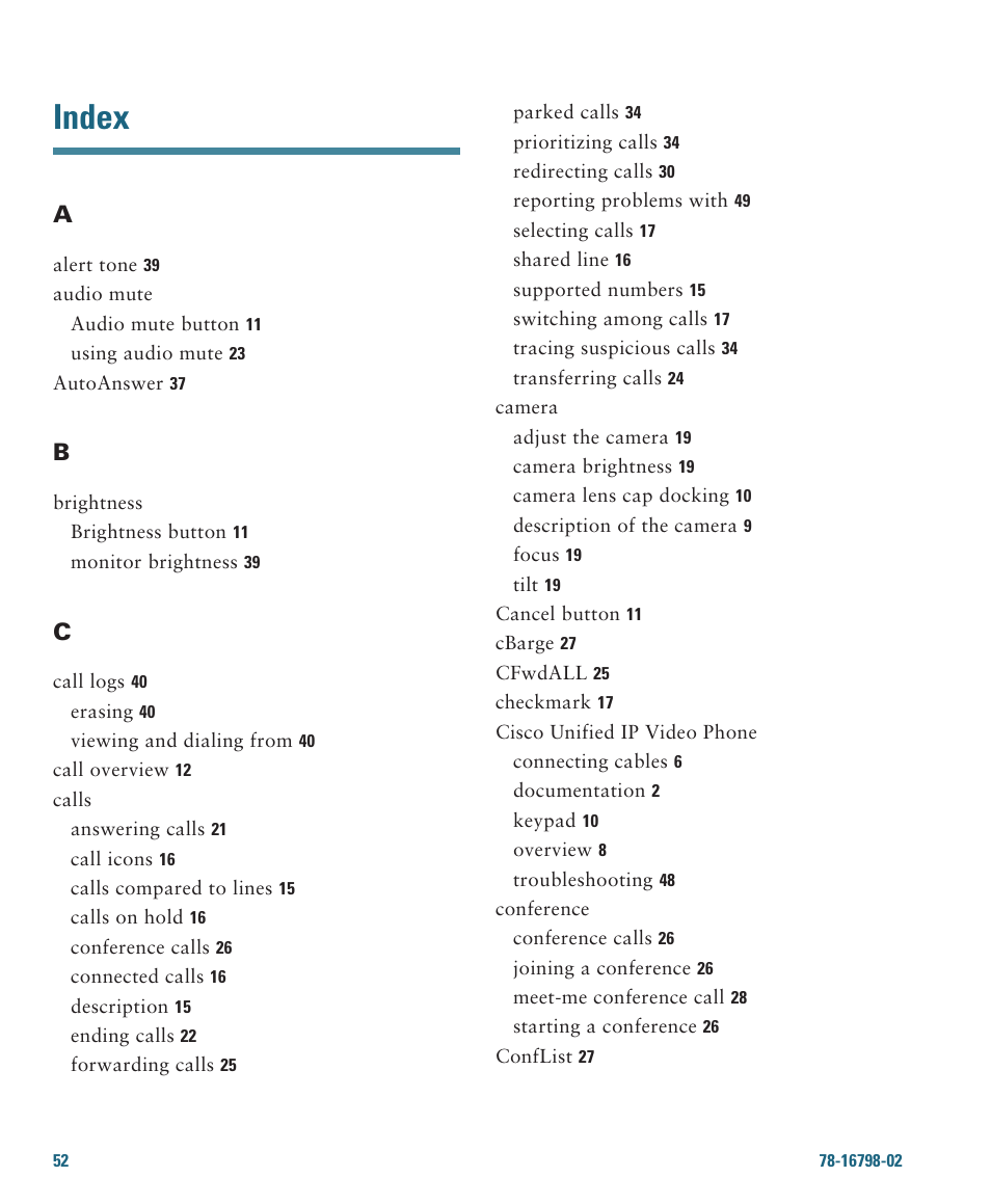 Index | Cisco 7985G User Manual | Page 58 / 64