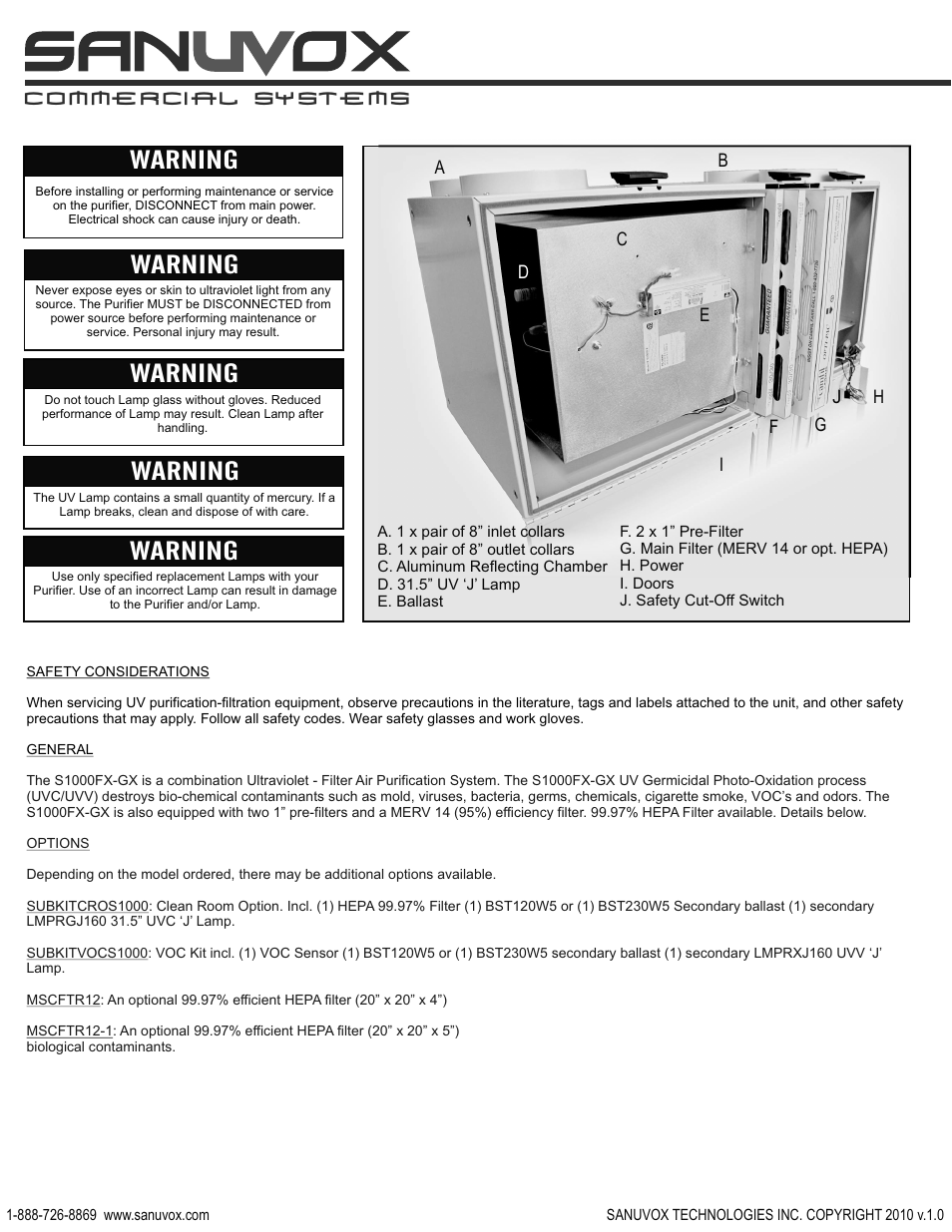 Warning, Commercial systems | Sanuvox S1000FX User Manual | Page 2 / 4