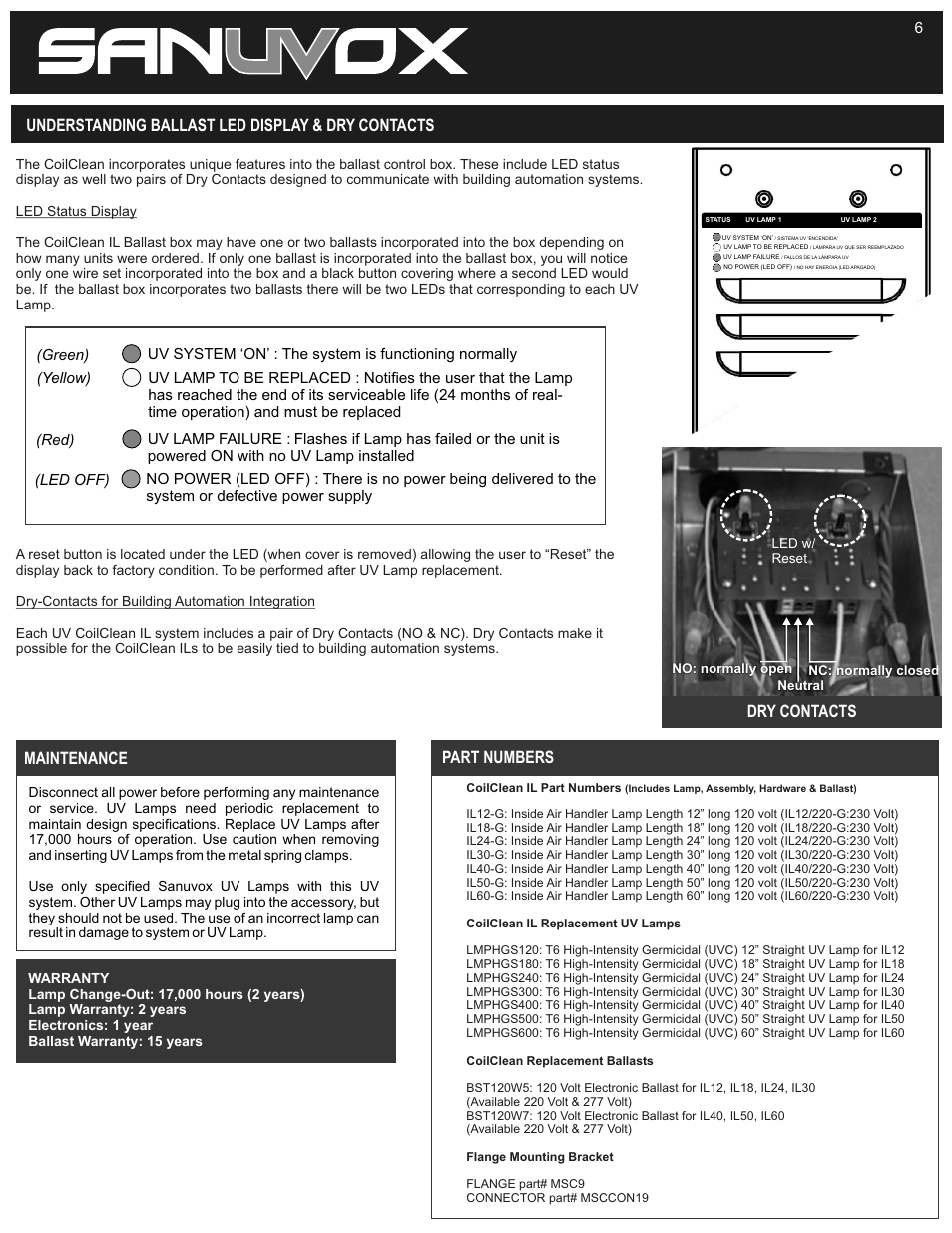 Understanding ballast led display & dry contacts, Part numbers, Maintenance dry contacts | Sanuvox COILCLEAN IL User Manual | Page 6 / 6