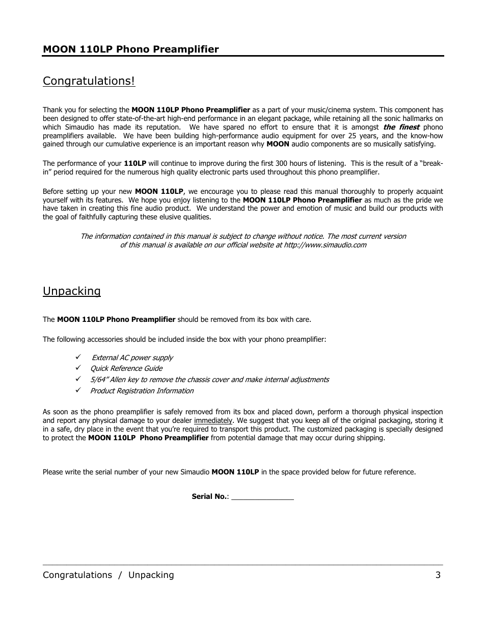 Unpacking | Simaudio 110LP Phono Preamplifier User Manual | Page 3 / 8