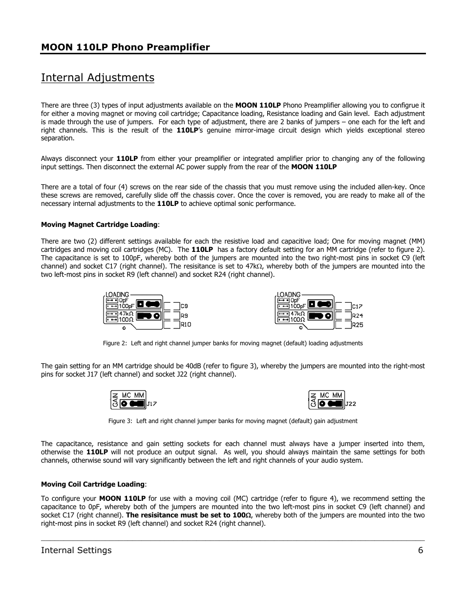 Internal adjustments, Moon 110lp phono preamplifier | Simaudio 110LP Phono Preamplifier User Manual | Page 6 / 8