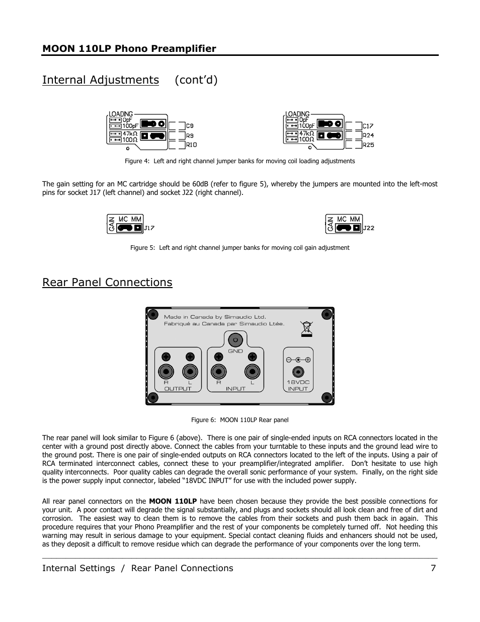 Internal adjustments (cont’d), Rear panel connections | Simaudio 110LP Phono Preamplifier User Manual | Page 7 / 8