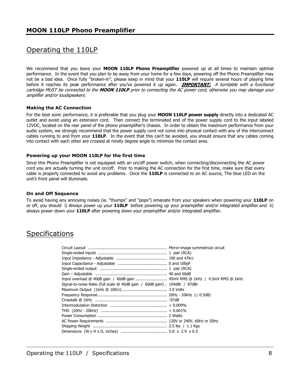 Operating the 110lp, Specifications | Simaudio 110LP Phono Preamplifier User Manual | Page 8 / 8