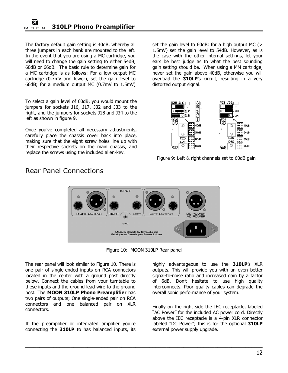 Rear panel connections | Simaudio 310LP Phono Preamplifier User Manual | Page 12 / 16