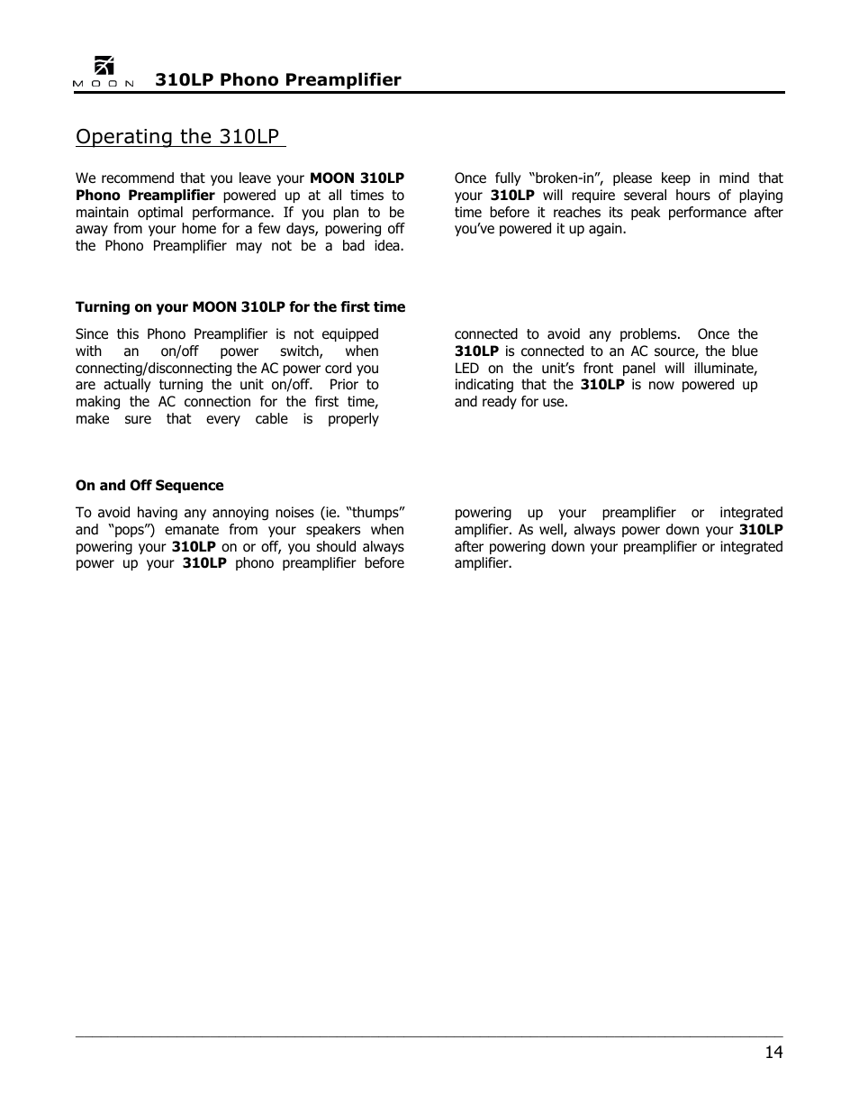 Operating the 310lp | Simaudio 310LP Phono Preamplifier User Manual | Page 14 / 16