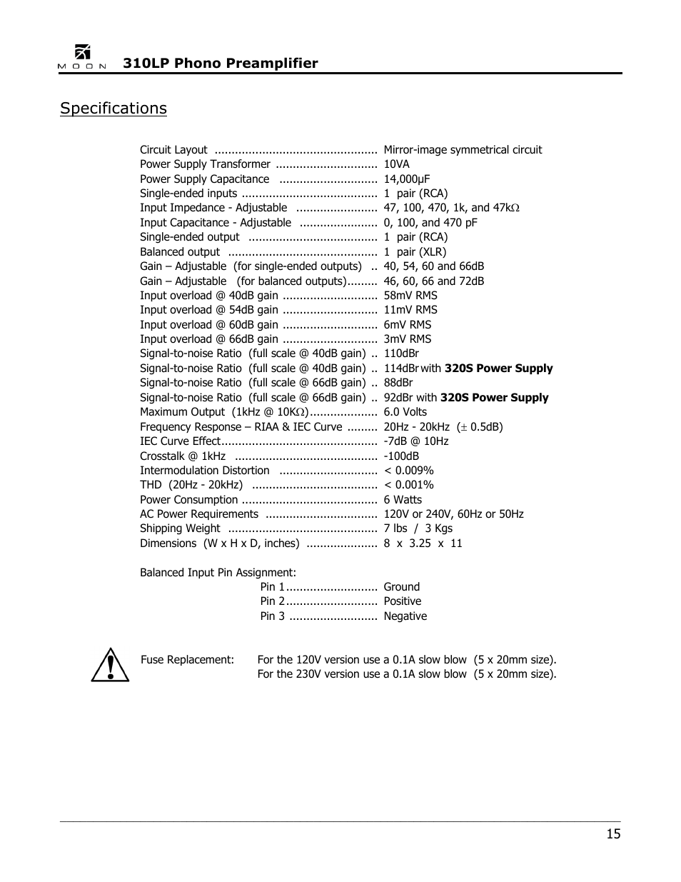 Specifications | Simaudio 310LP Phono Preamplifier User Manual | Page 15 / 16