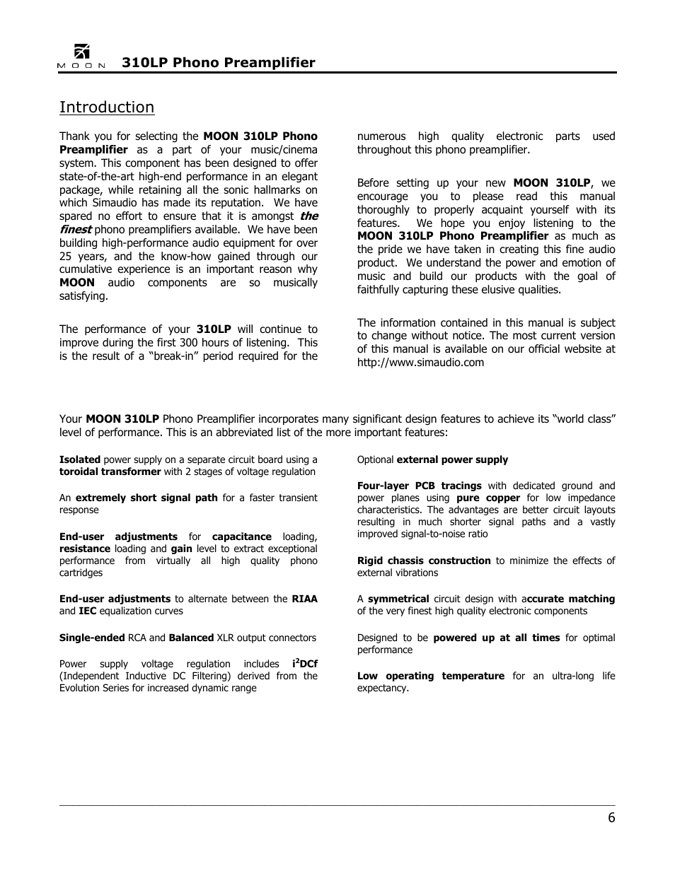 Introduction, 310lp phono preamplifier | Simaudio 310LP Phono Preamplifier User Manual | Page 6 / 16