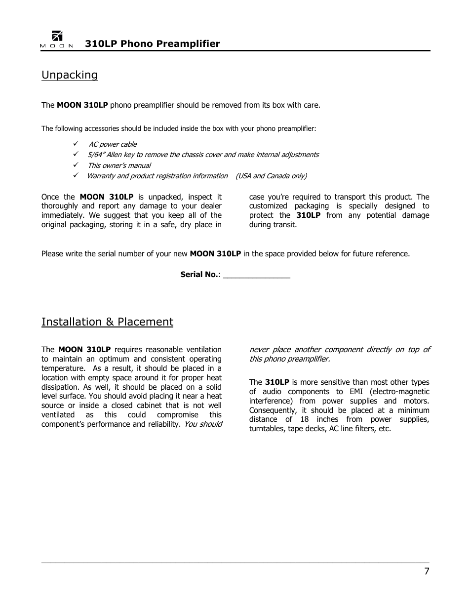 Unpacking, Installation & placement | Simaudio 310LP Phono Preamplifier User Manual | Page 7 / 16