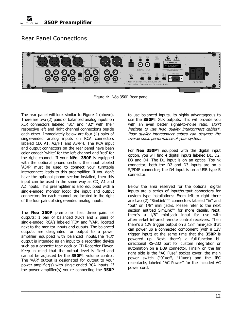 Rear panel connections | Simaudio Neo 350P Preamplifier User Manual | Page 12 / 20
