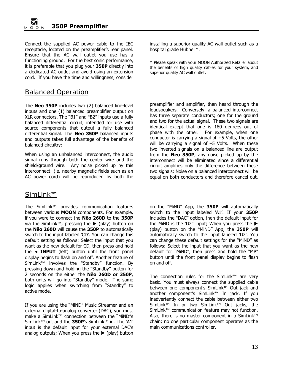 Balanced operation, Simlink | Simaudio Neo 350P Preamplifier User Manual | Page 13 / 20