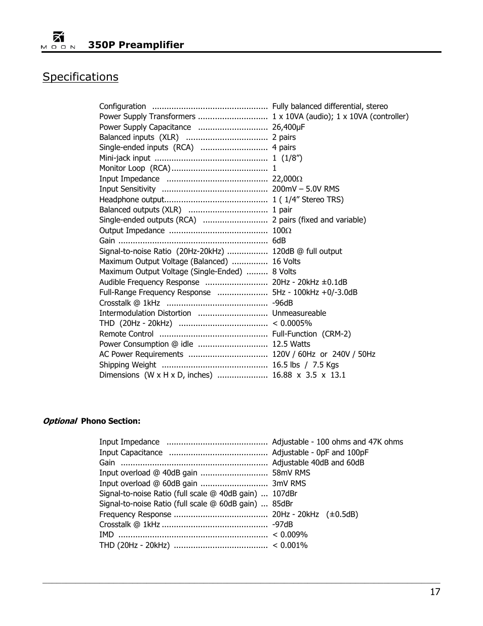 Specifications | Simaudio Neo 350P Preamplifier User Manual | Page 17 / 20