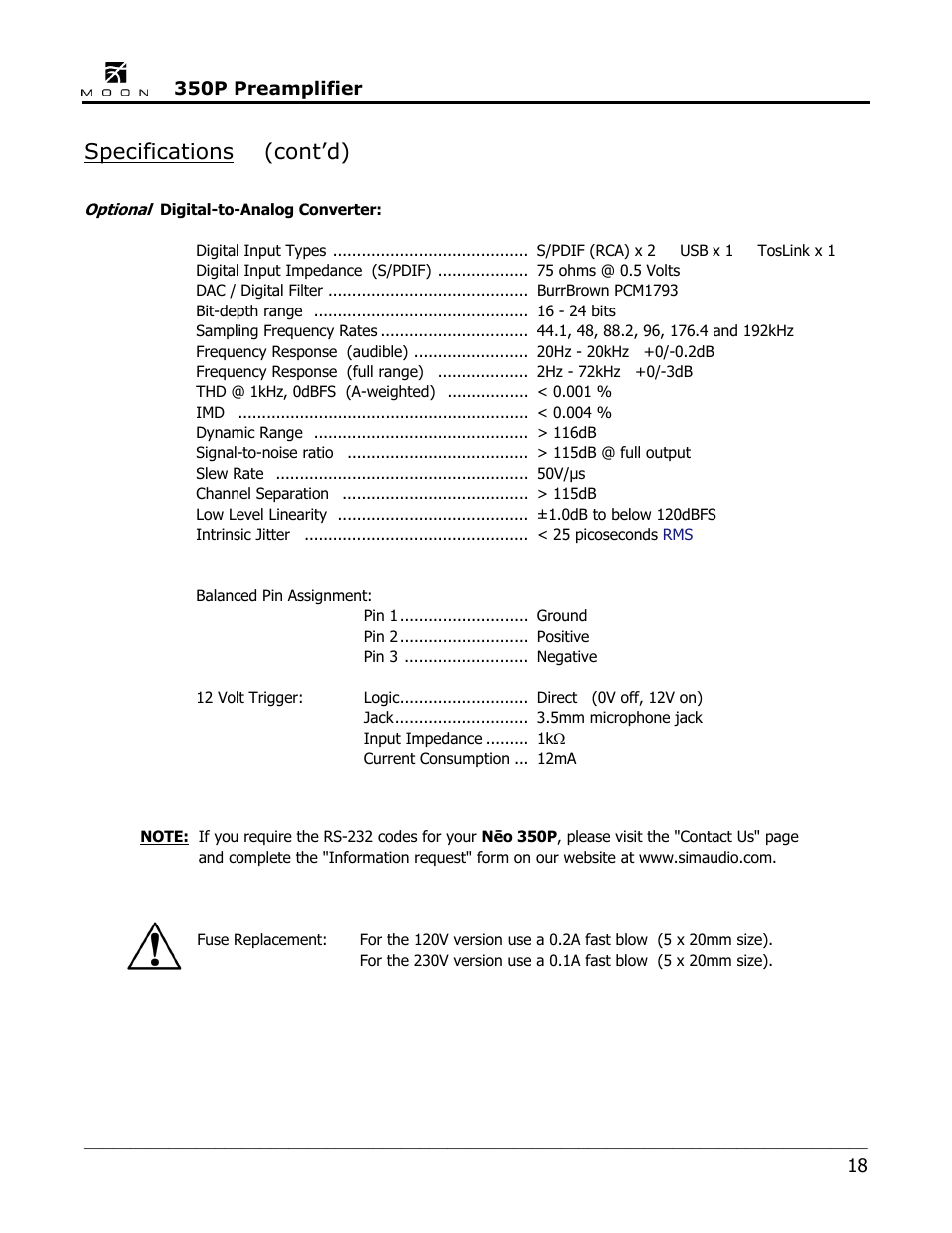 Specifications (cont’d) | Simaudio Neo 350P Preamplifier User Manual | Page 18 / 20