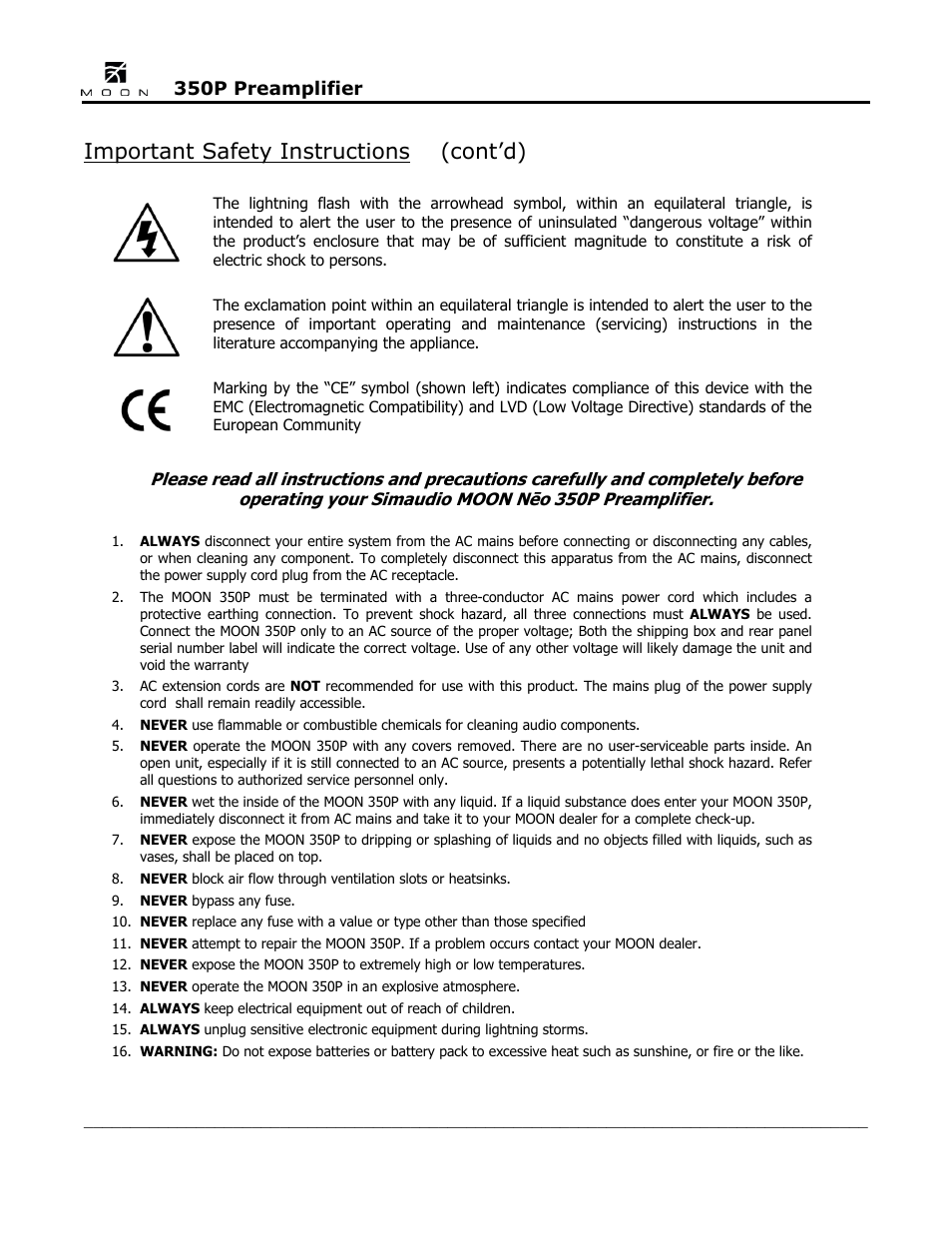 Important safety instructions (cont’d) | Simaudio Neo 350P Preamplifier User Manual | Page 4 / 20