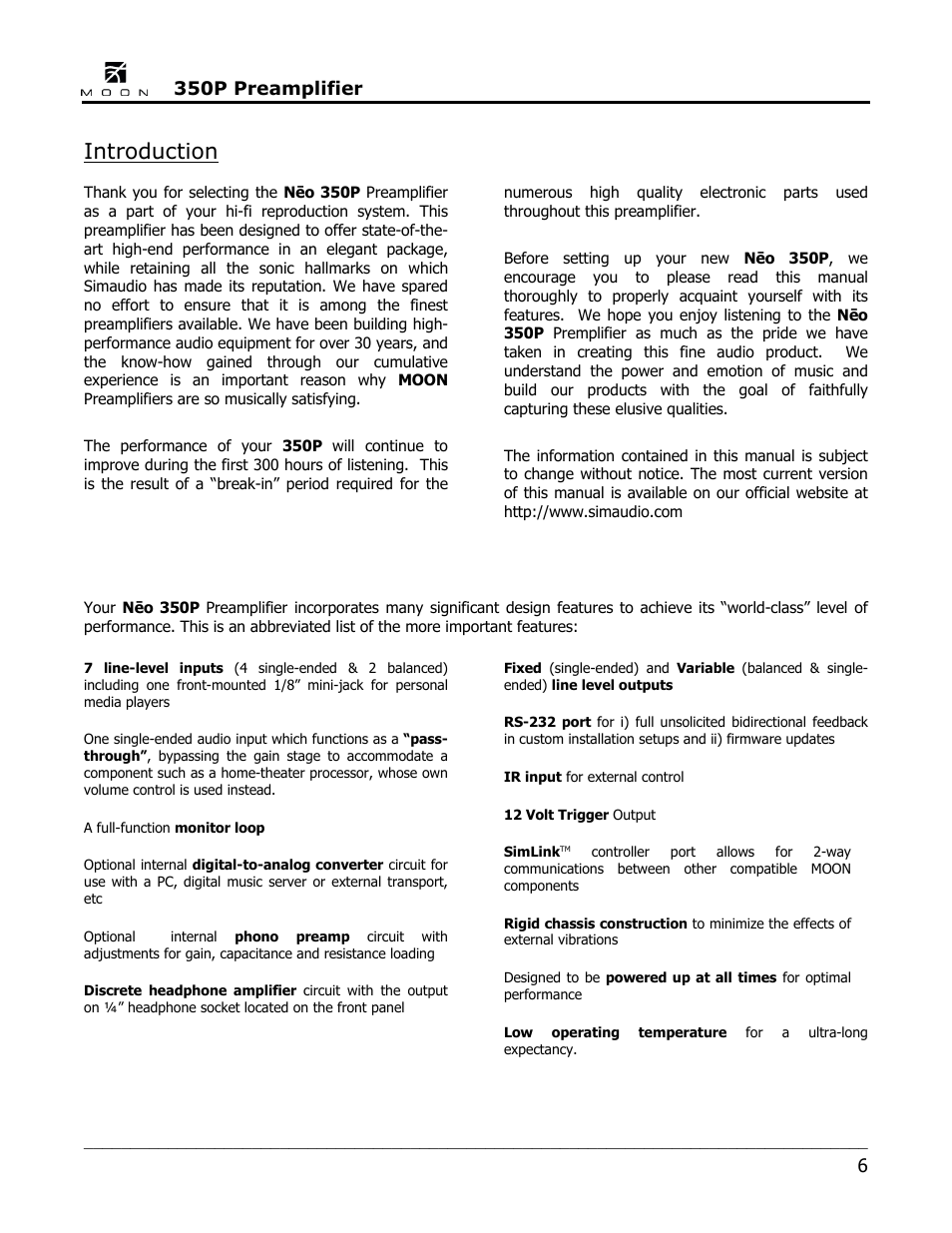 Introduction, 350p preamplifier | Simaudio Neo 350P Preamplifier User Manual | Page 6 / 20