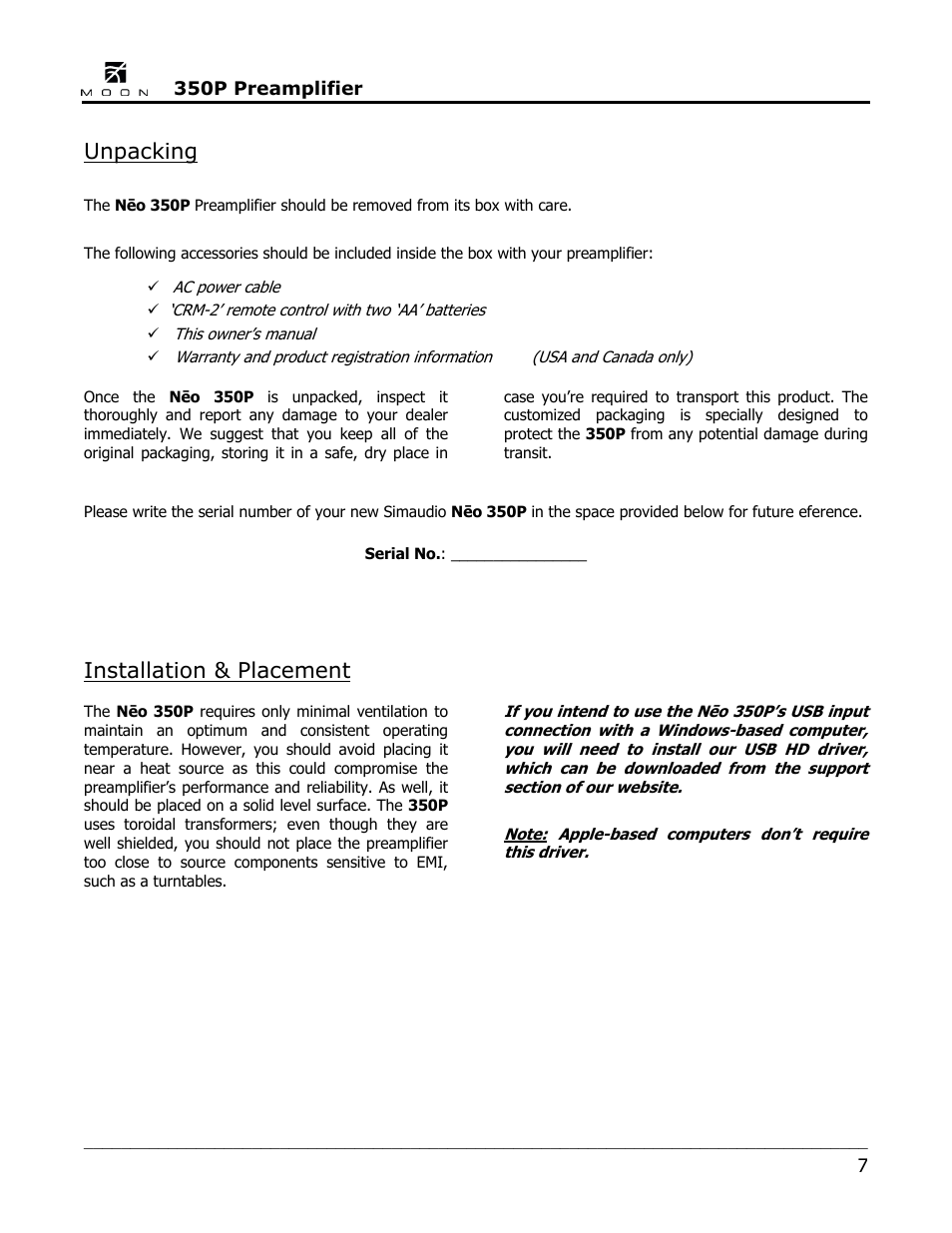 Unpacking, Installation & placement | Simaudio Neo 350P Preamplifier User Manual | Page 7 / 20