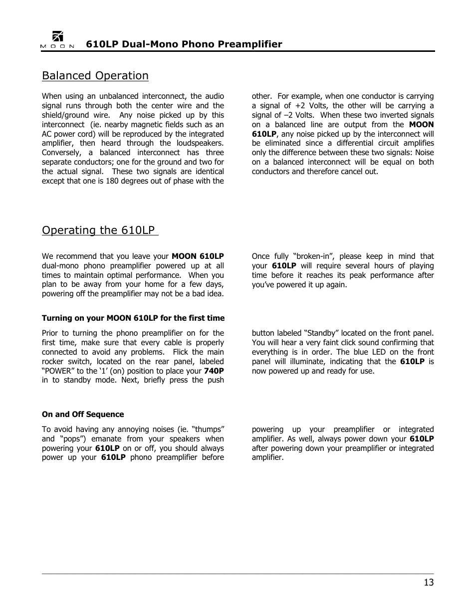 Balanced operation, Operating the 610lp | Simaudio 610LP Phono Preamplifier User Manual | Page 13 / 16