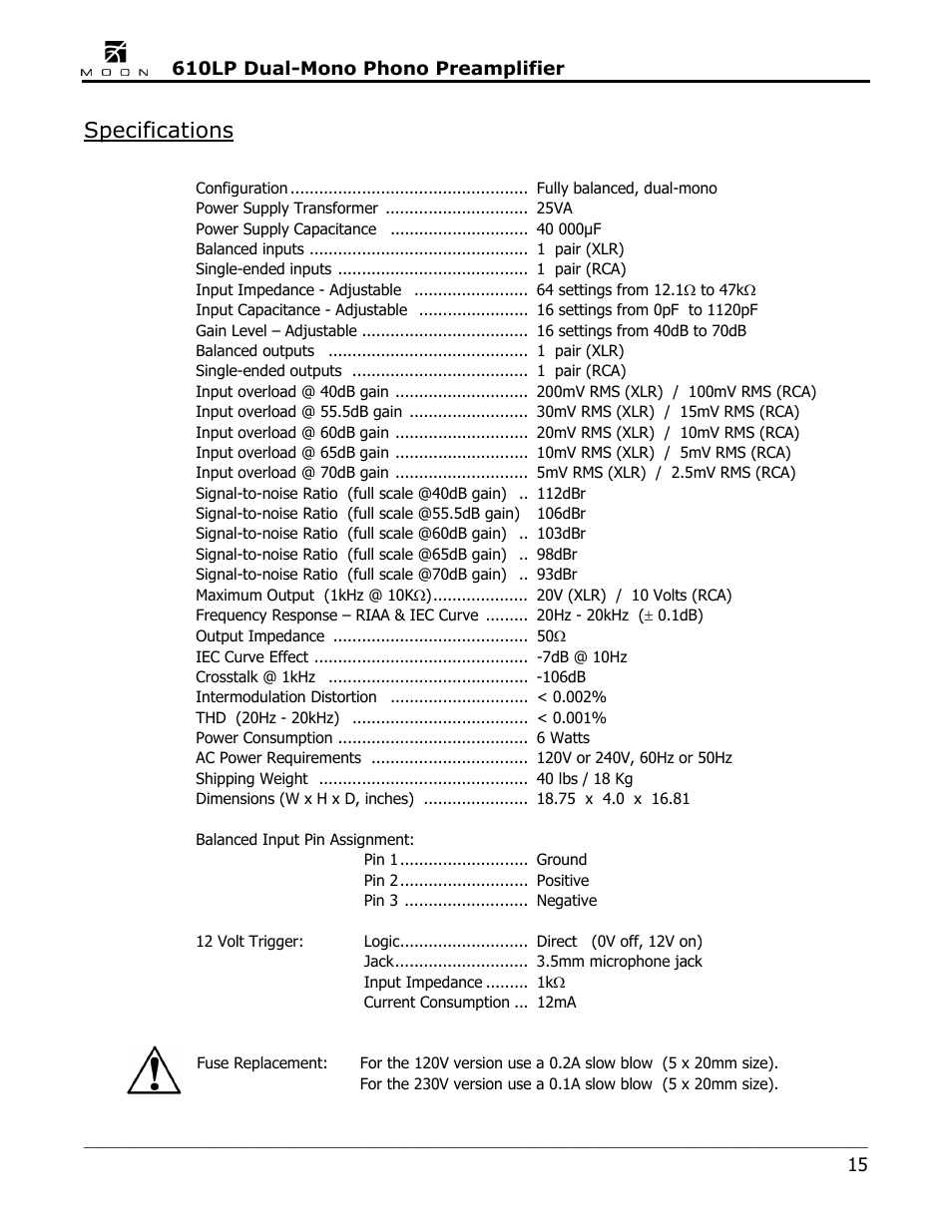Specifications | Simaudio 610LP Phono Preamplifier User Manual | Page 15 / 16