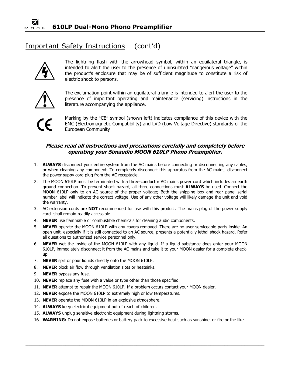 Important safety instructions (cont’d) | Simaudio 610LP Phono Preamplifier User Manual | Page 4 / 16
