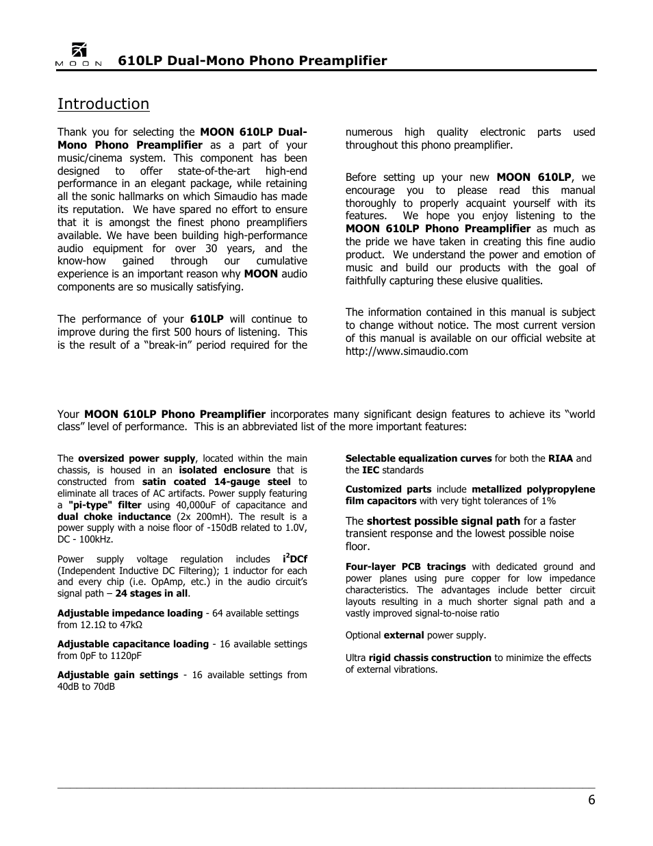 Introduction | Simaudio 610LP Phono Preamplifier User Manual | Page 6 / 16