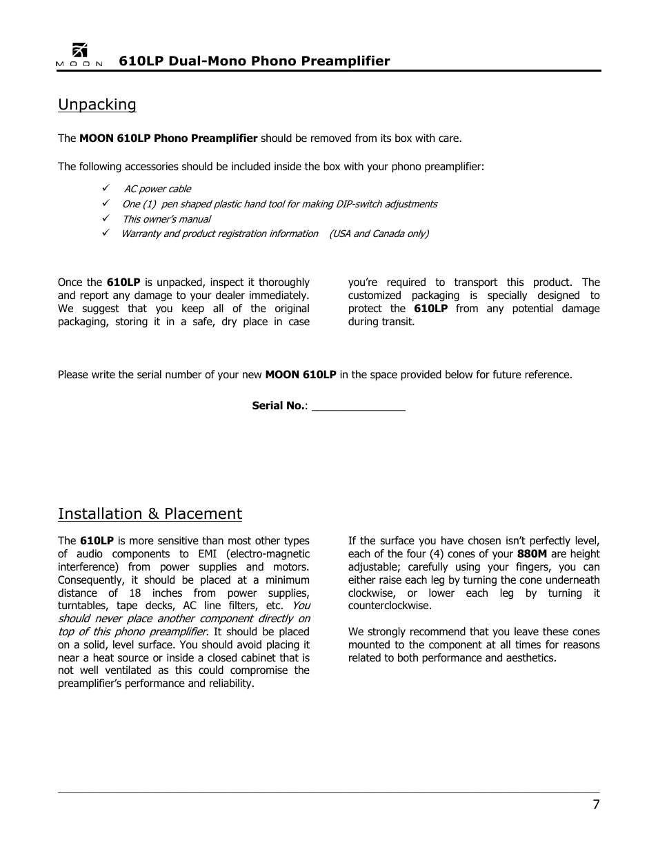Unpacking, Installation & placement | Simaudio 610LP Phono Preamplifier User Manual | Page 7 / 16