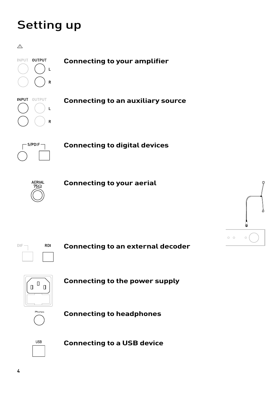 Setting up, Connecting to your amplifier, Connecting to an auxiliary source | Connecting to digital devices, Connecting to an external decoder, Connecting to your aerial, Connecting to the power supply, Connecting to headphones, Connecting to a usb device | Pure DRX-701ES User Manual | Page 6 / 16