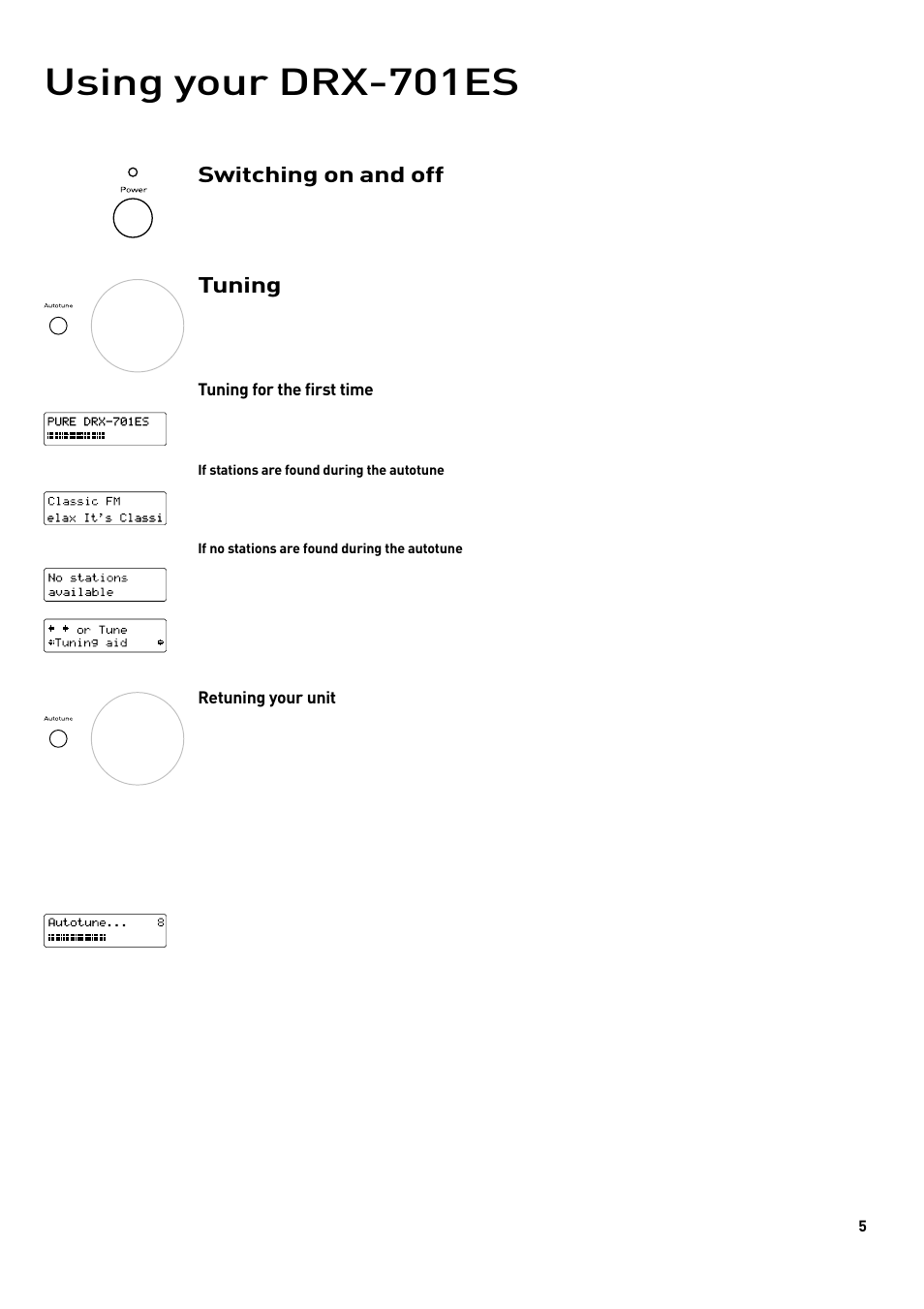 Using your drx-701es, Switching on and off, Tuning | Pure DRX-701ES User Manual | Page 7 / 16