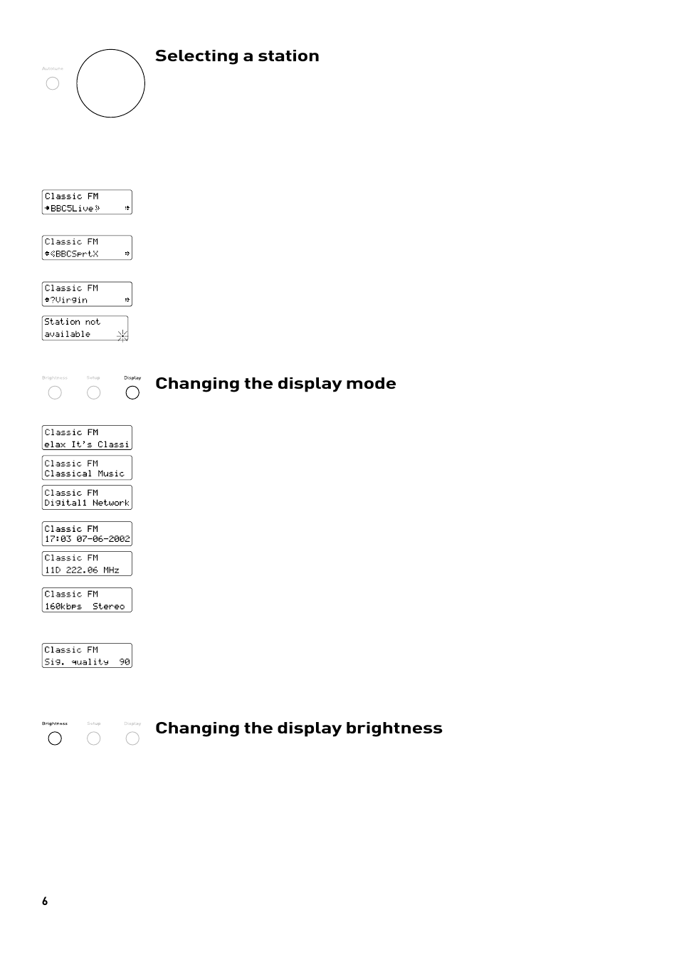 Changing the display mode, Selecting a station, Changing the display brightness | Pure DRX-701ES User Manual | Page 8 / 16