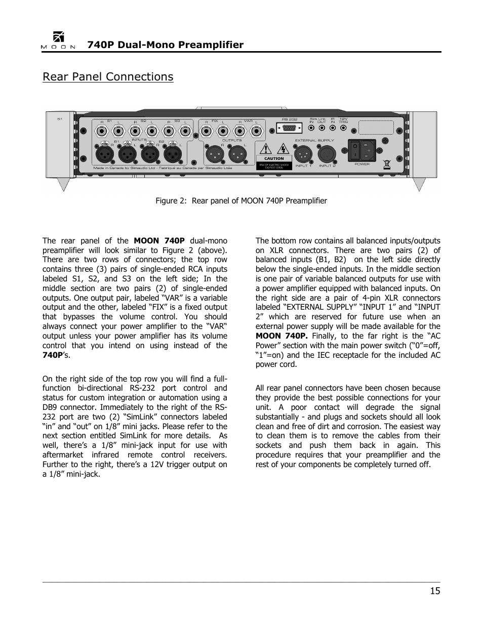 Rear panel connections | Simaudio 740P Preamplifier User Manual | Page 15 / 24