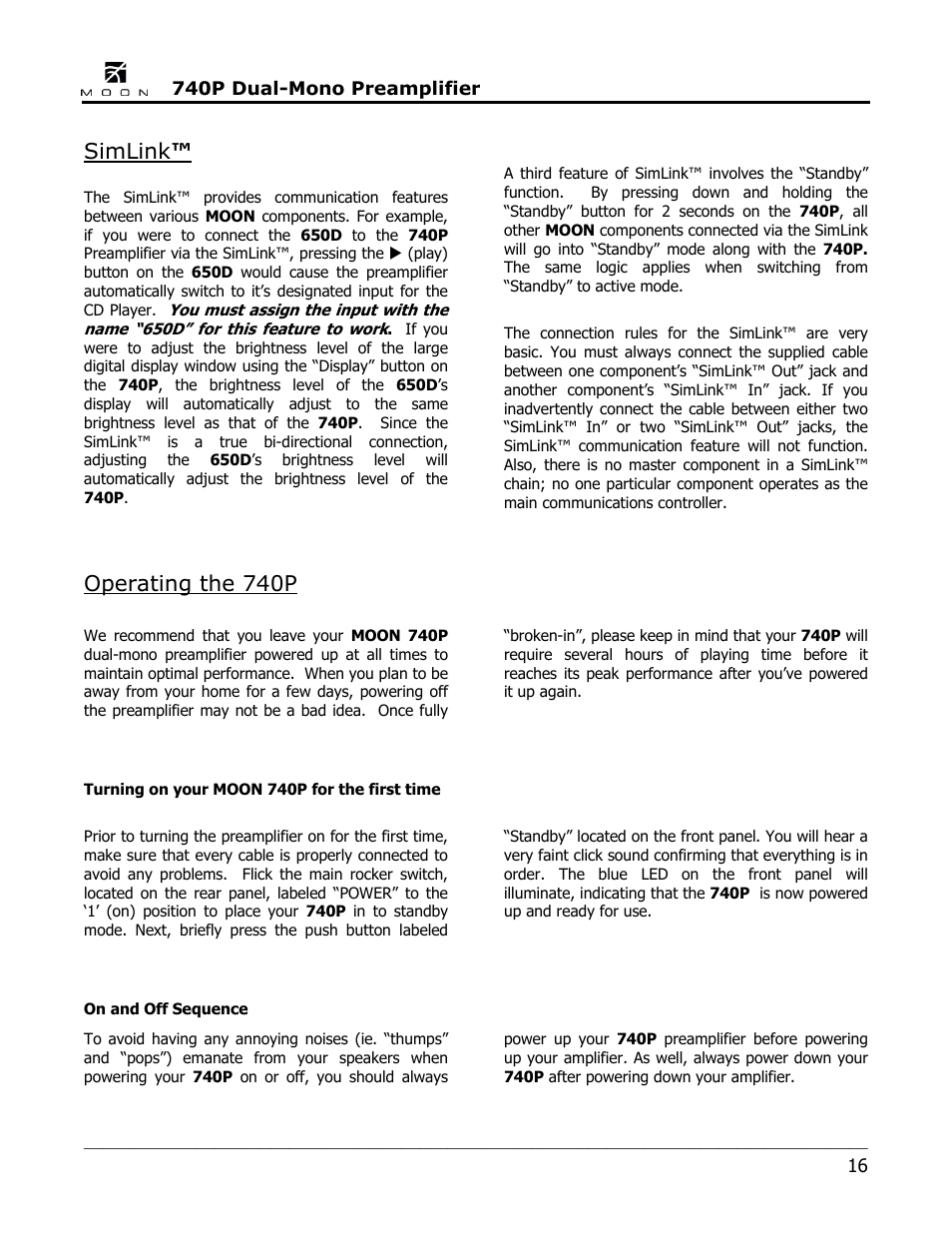 Simlink, Operating the 740p | Simaudio 740P Preamplifier User Manual | Page 16 / 24