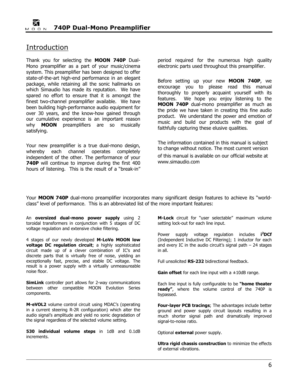 Introduction, 740p dual-mono preamplifier | Simaudio 740P Preamplifier User Manual | Page 6 / 24