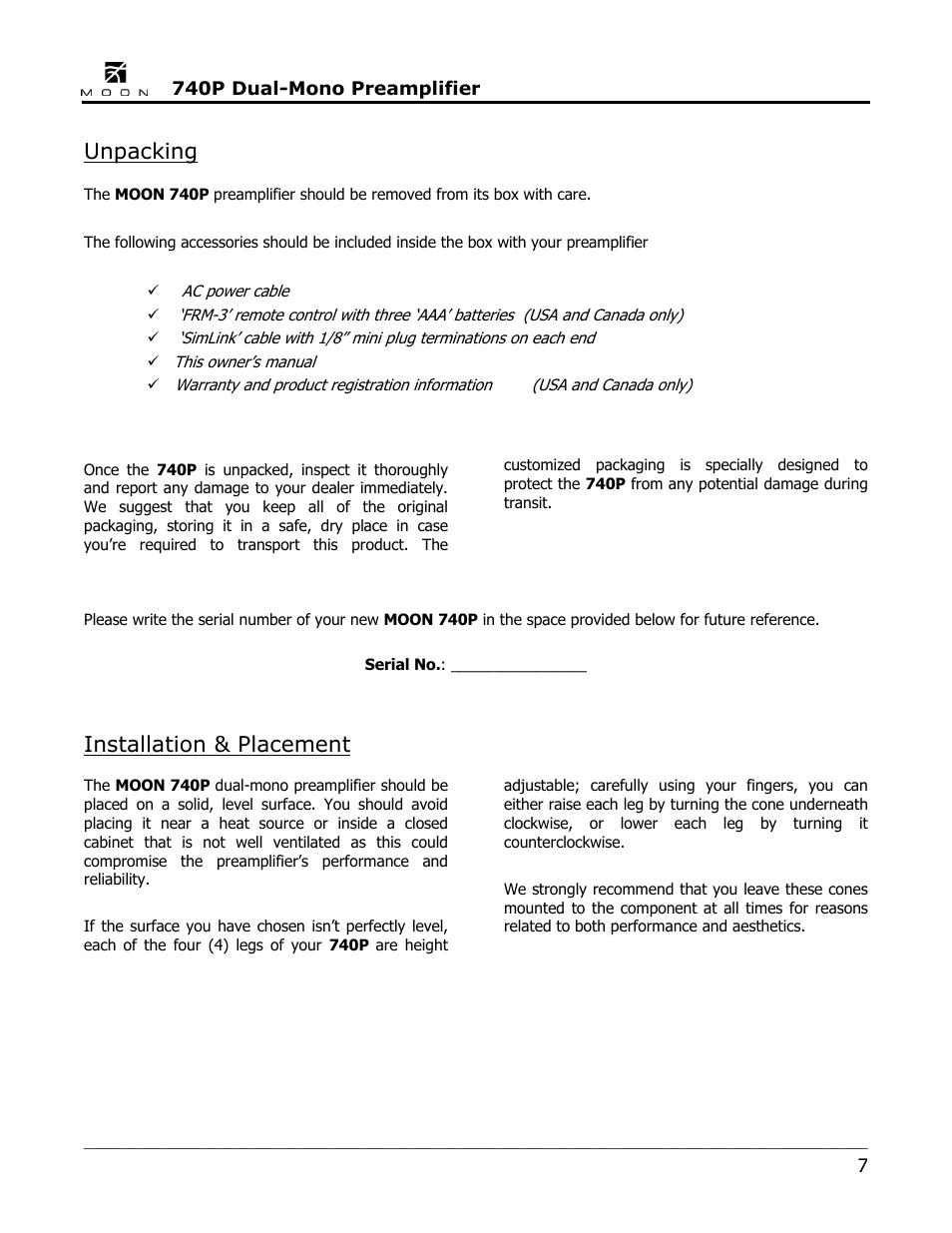 Unpacking, Installation & placement | Simaudio 740P Preamplifier User Manual | Page 7 / 24