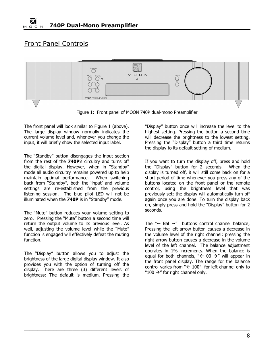 Front panel controls | Simaudio 740P Preamplifier User Manual | Page 8 / 24