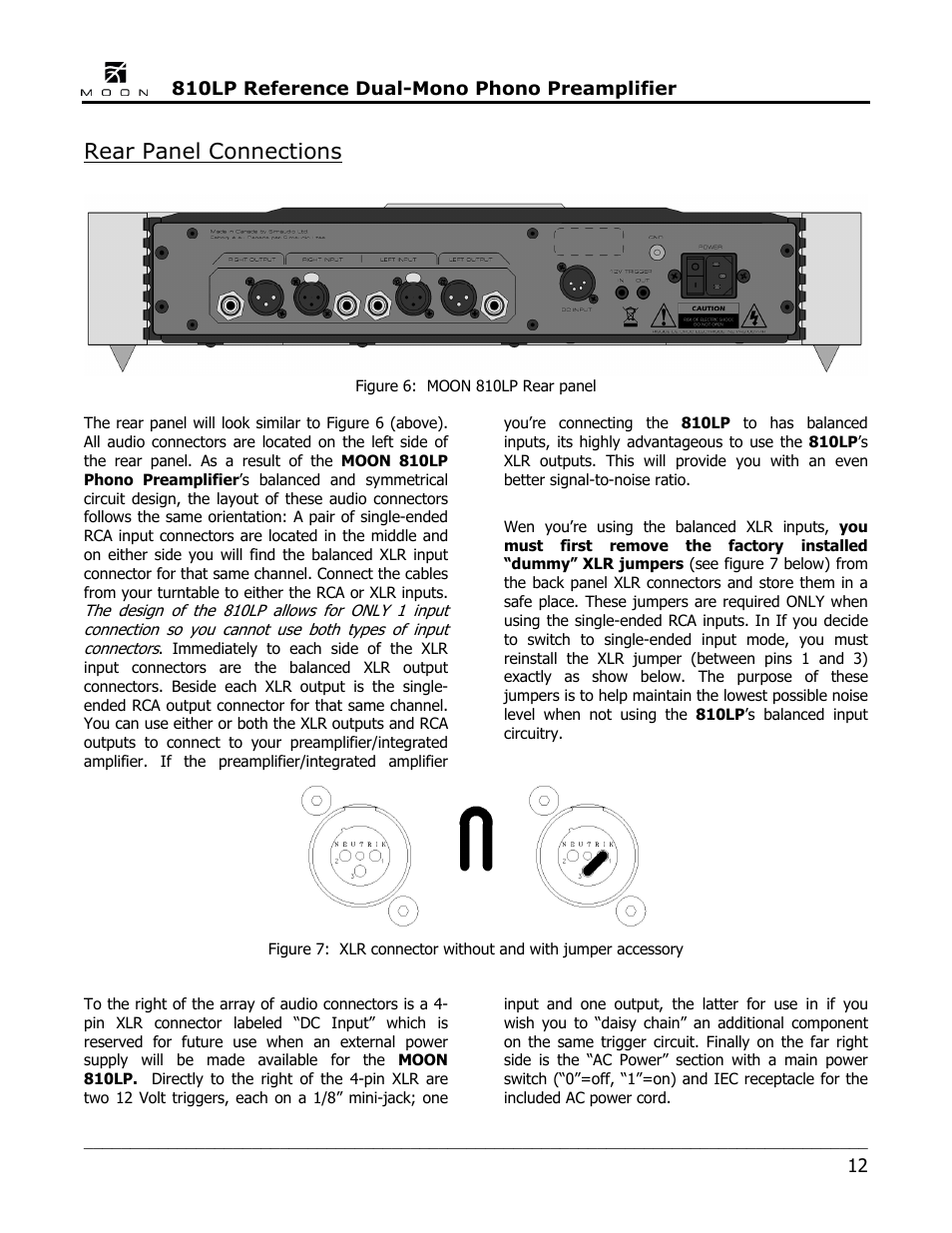 Rear panel connections | Simaudio 810LP Phono Preamplifier User Manual | Page 12 / 16