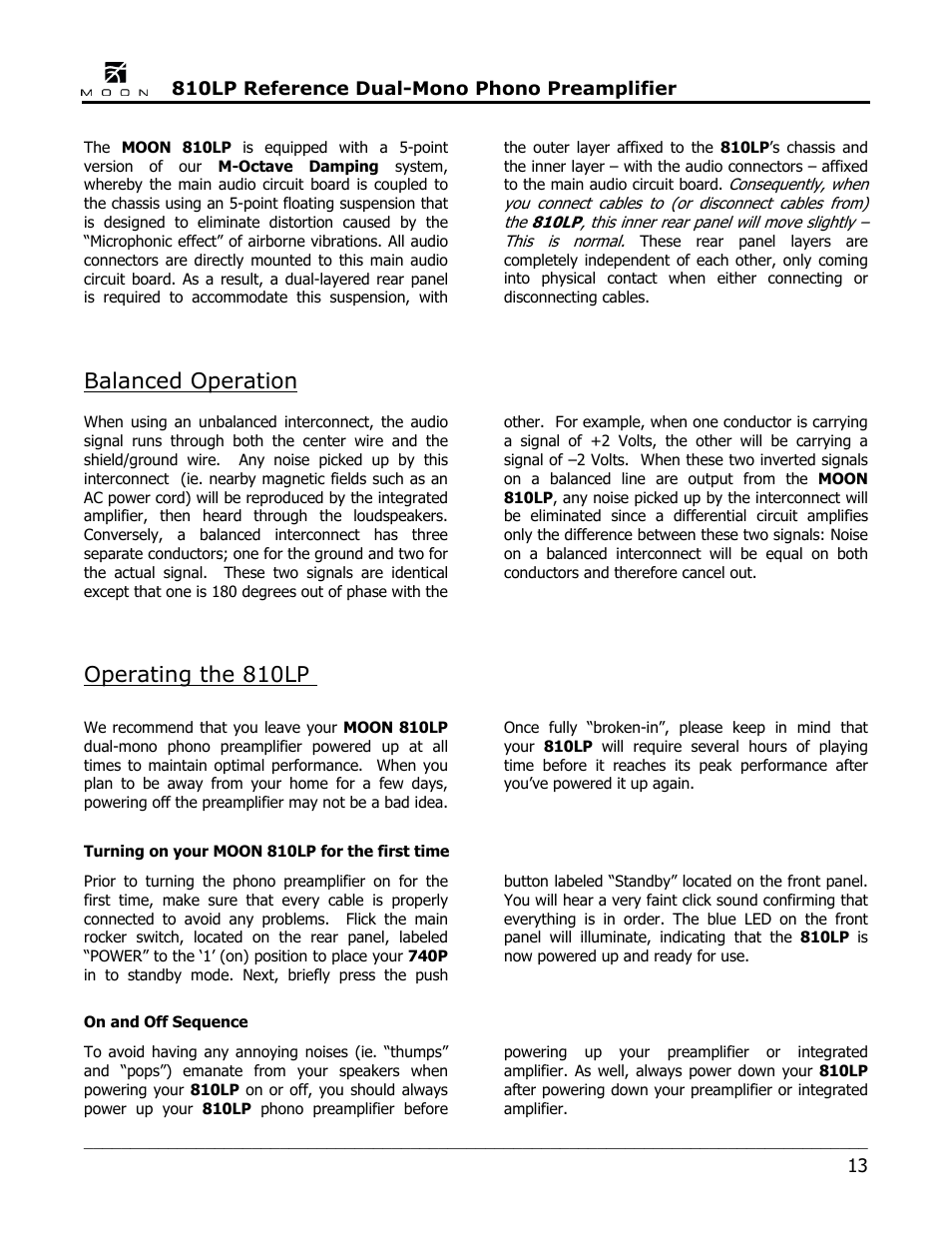 Balanced operation, Operating the 810lp | Simaudio 810LP Phono Preamplifier User Manual | Page 13 / 16