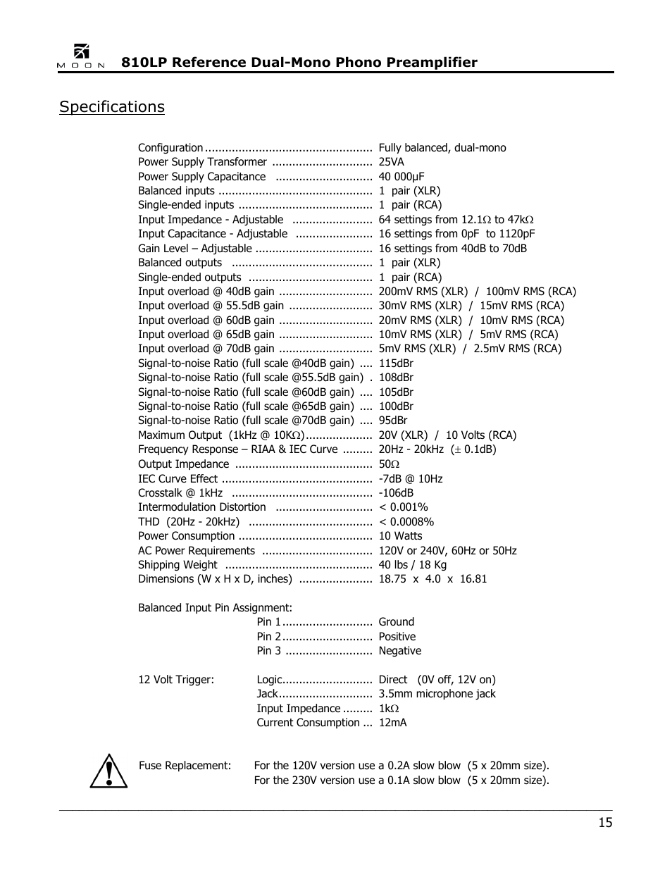 Specifications | Simaudio 810LP Phono Preamplifier User Manual | Page 15 / 16