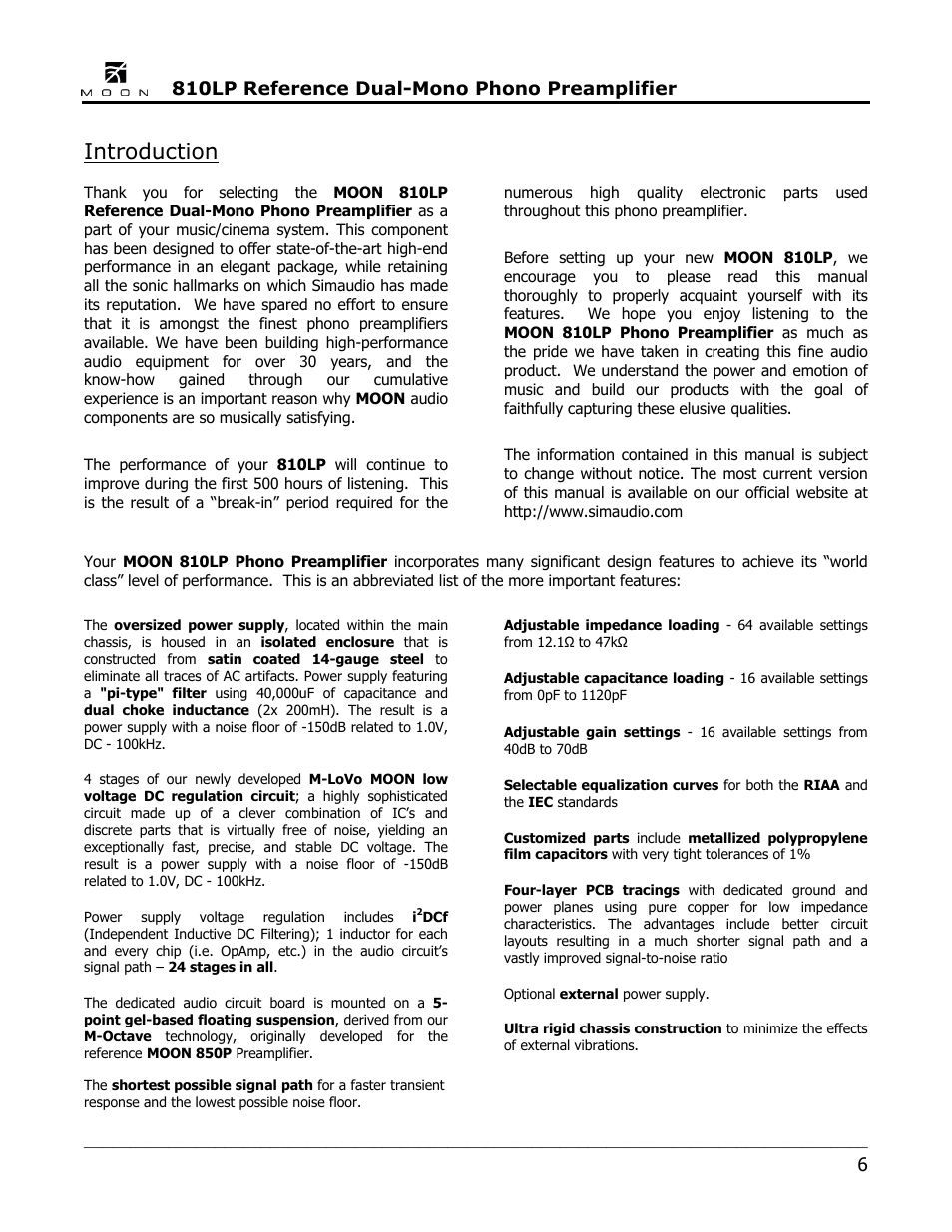 Introduction, 810lp reference dual-mono phono preamplifier | Simaudio 810LP Phono Preamplifier User Manual | Page 6 / 16