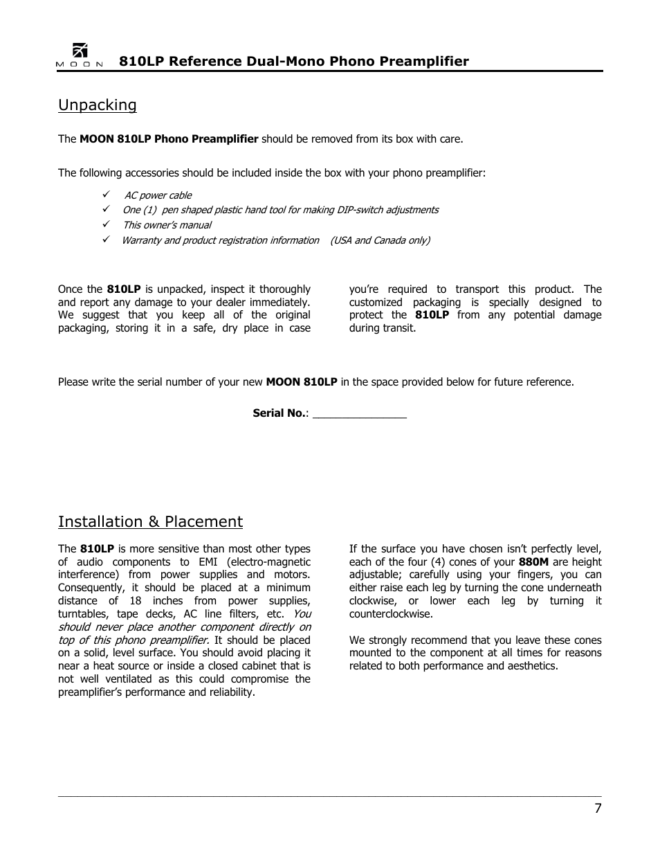 Unpacking, Installation & placement | Simaudio 810LP Phono Preamplifier User Manual | Page 7 / 16