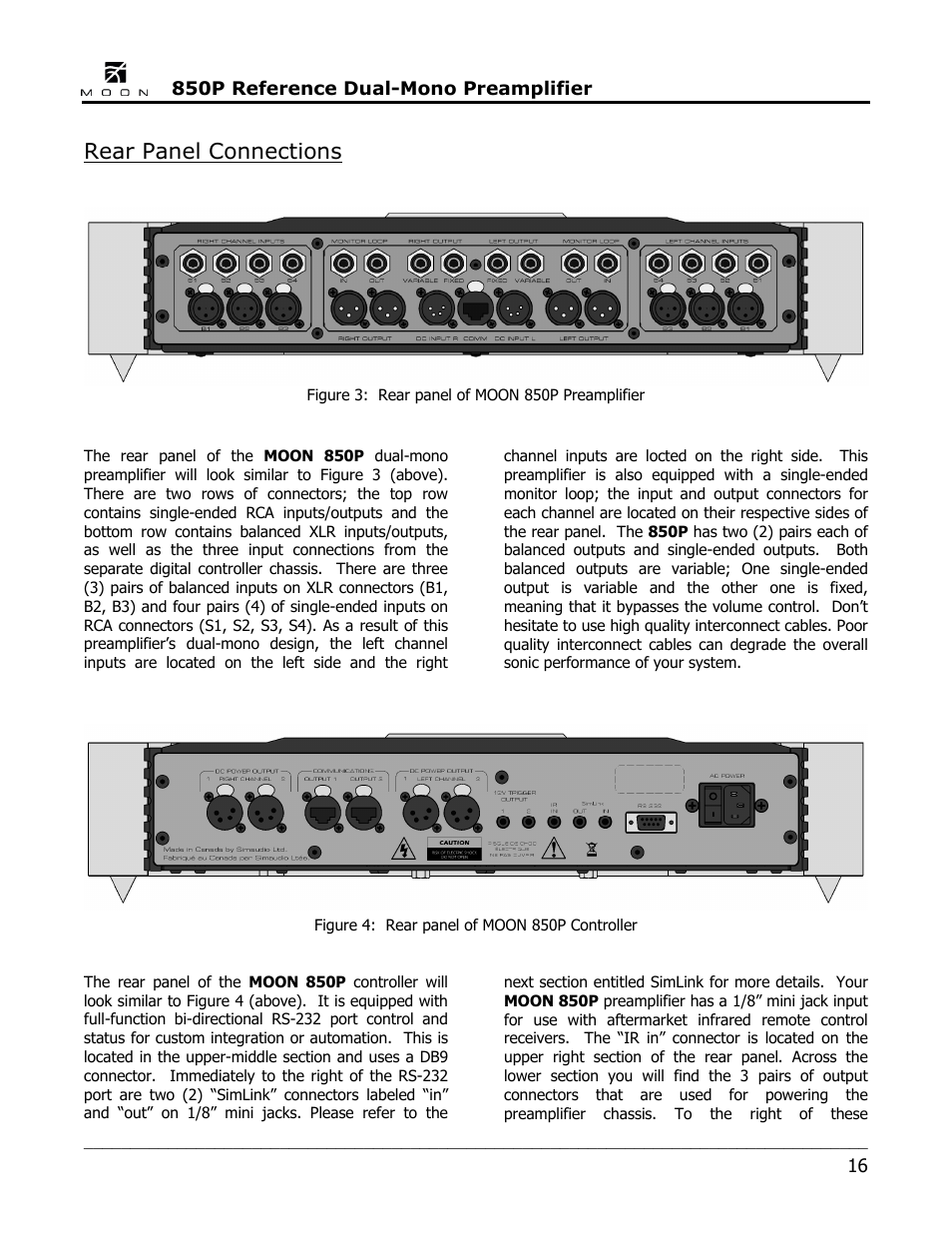 Rear panel connections | Simaudio 850P Preamplifier User Manual | Page 16 / 24