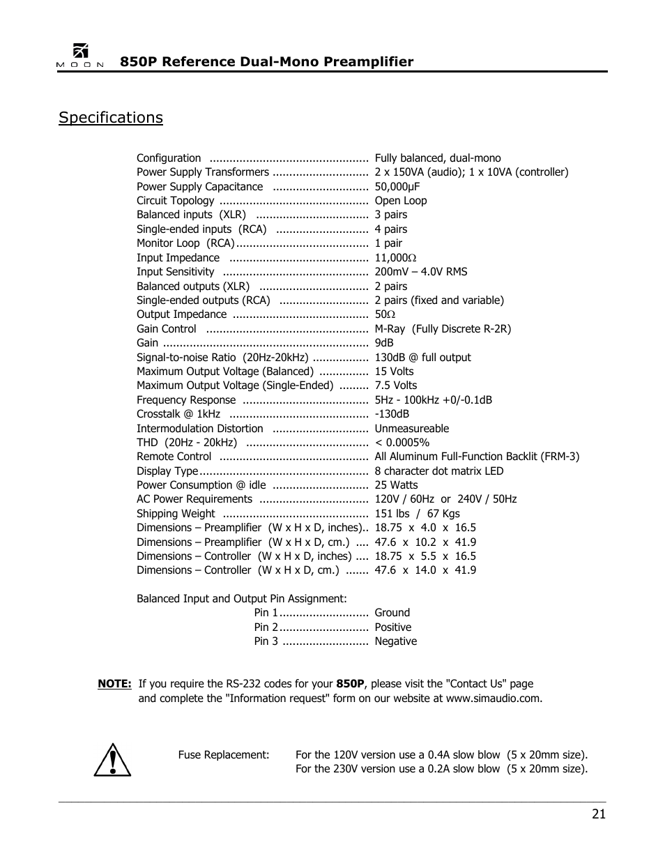 Specifications | Simaudio 850P Preamplifier User Manual | Page 21 / 24
