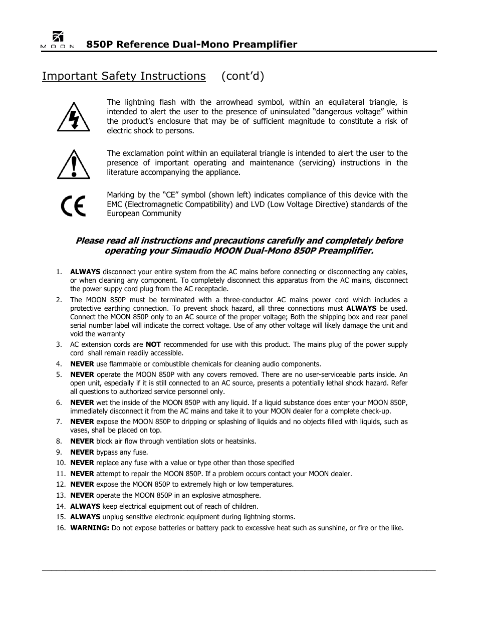 Important safety instructions (cont’d) | Simaudio 850P Preamplifier User Manual | Page 4 / 24