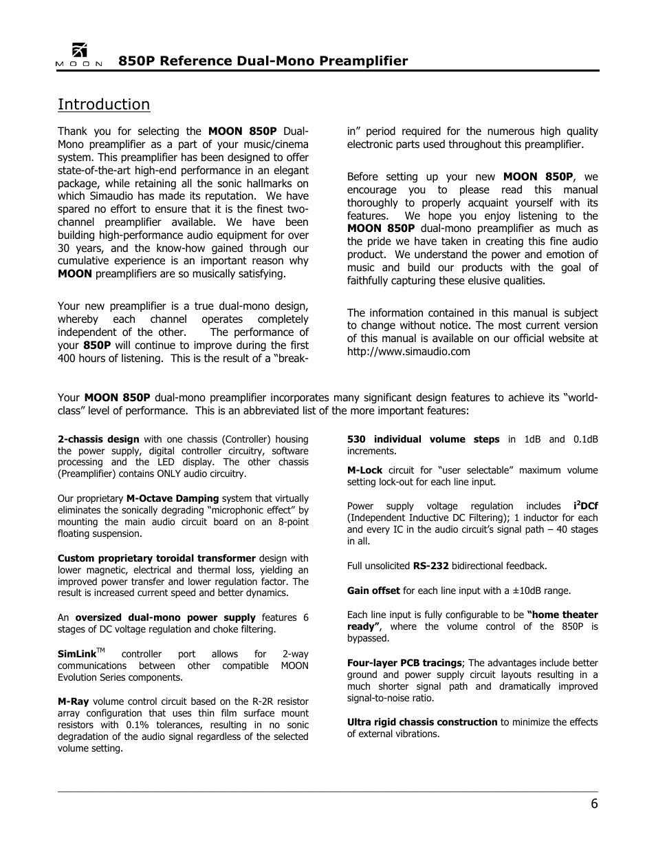 Introduction, 850p reference dual-mono preamplifier | Simaudio 850P Preamplifier User Manual | Page 6 / 24