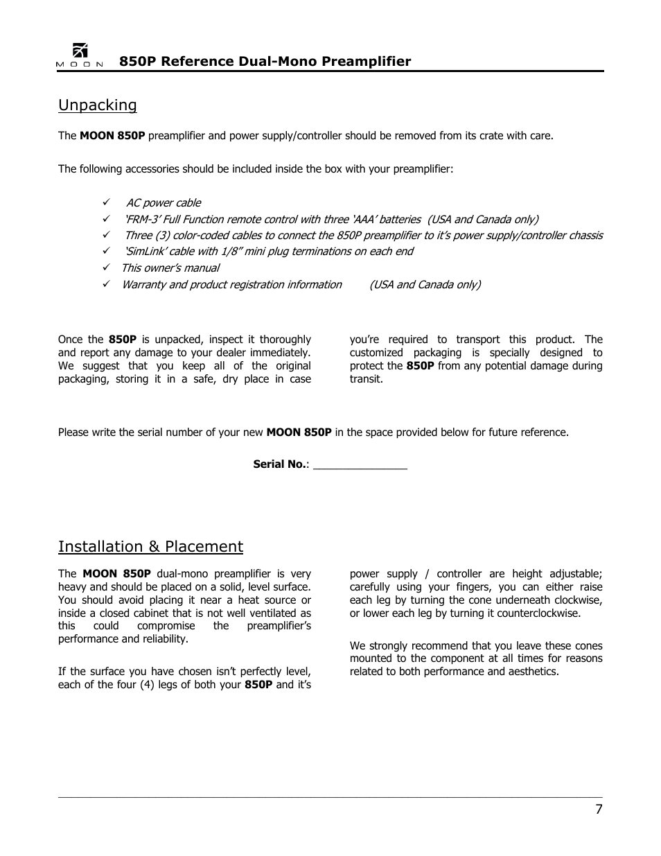 Unpacking, Installation & placement | Simaudio 850P Preamplifier User Manual | Page 7 / 24
