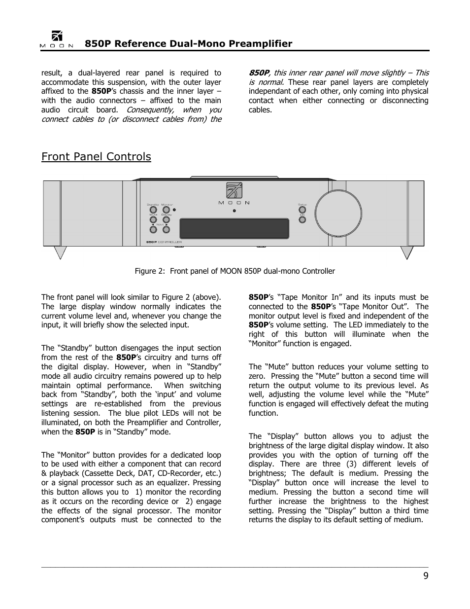 Front panel controls | Simaudio 850P Preamplifier User Manual | Page 9 / 24