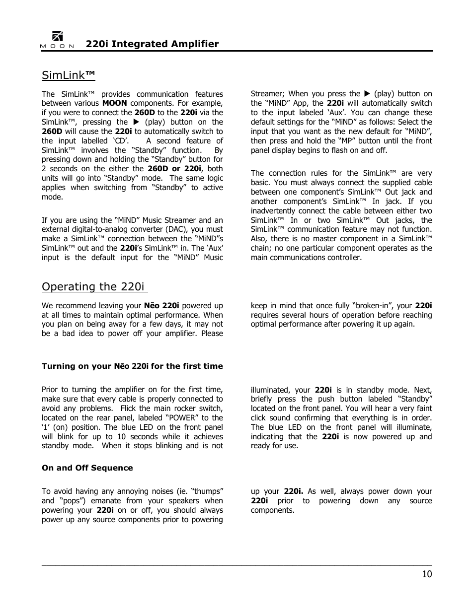 Simlink, Operating the 220i | Simaudio Neo 220i Integrated Amplifier User Manual | Page 10 / 16