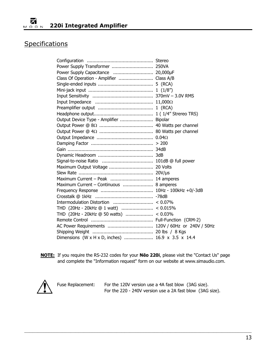 Specifications | Simaudio Neo 220i Integrated Amplifier User Manual | Page 13 / 16