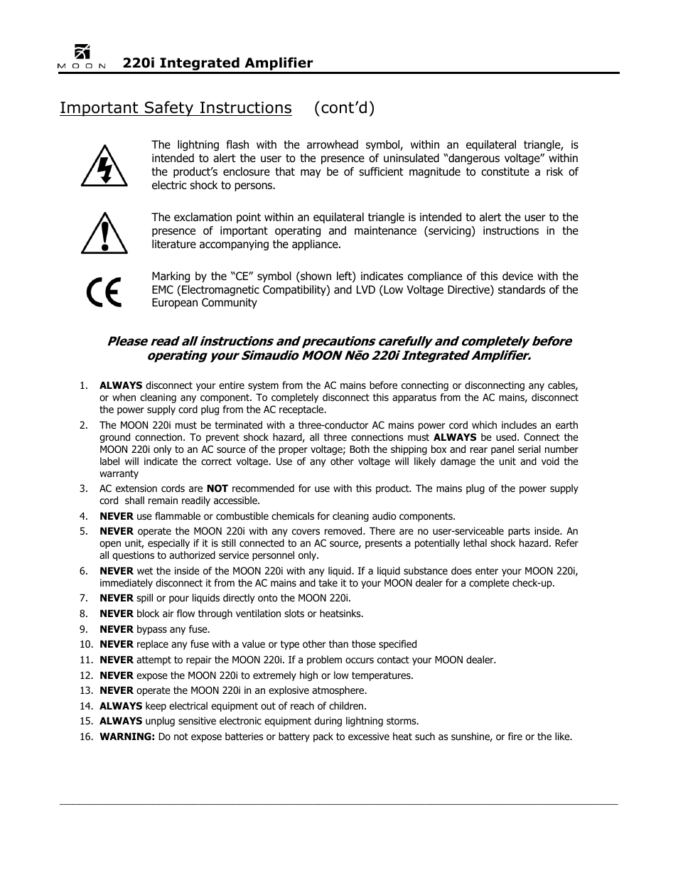 Important safety instructions (cont’d) | Simaudio Neo 220i Integrated Amplifier User Manual | Page 4 / 16